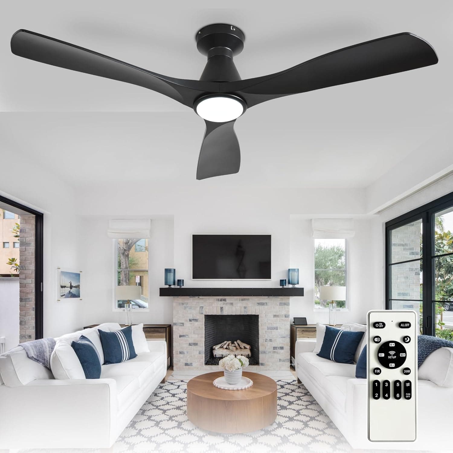 Depuley 52-Inch Ceiling Fans with Lights, Black 3 Blade Flush Mount Low Profile Ceiling Fan for Bedroom, Dimmable Indoor Outdoor Fan with Remote Control Ultra Quiet DC Motor Timer