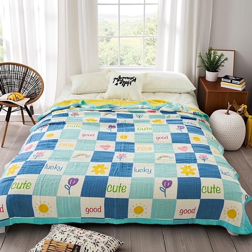6-Layer Gauze 100% Cotton Fruit Cute Muslin Throw Blanket for Couch Bed Soft Lightweight Breathable Cooling Bedspread Coverlet All Season (Summer Checkered, 47x60 Inch)