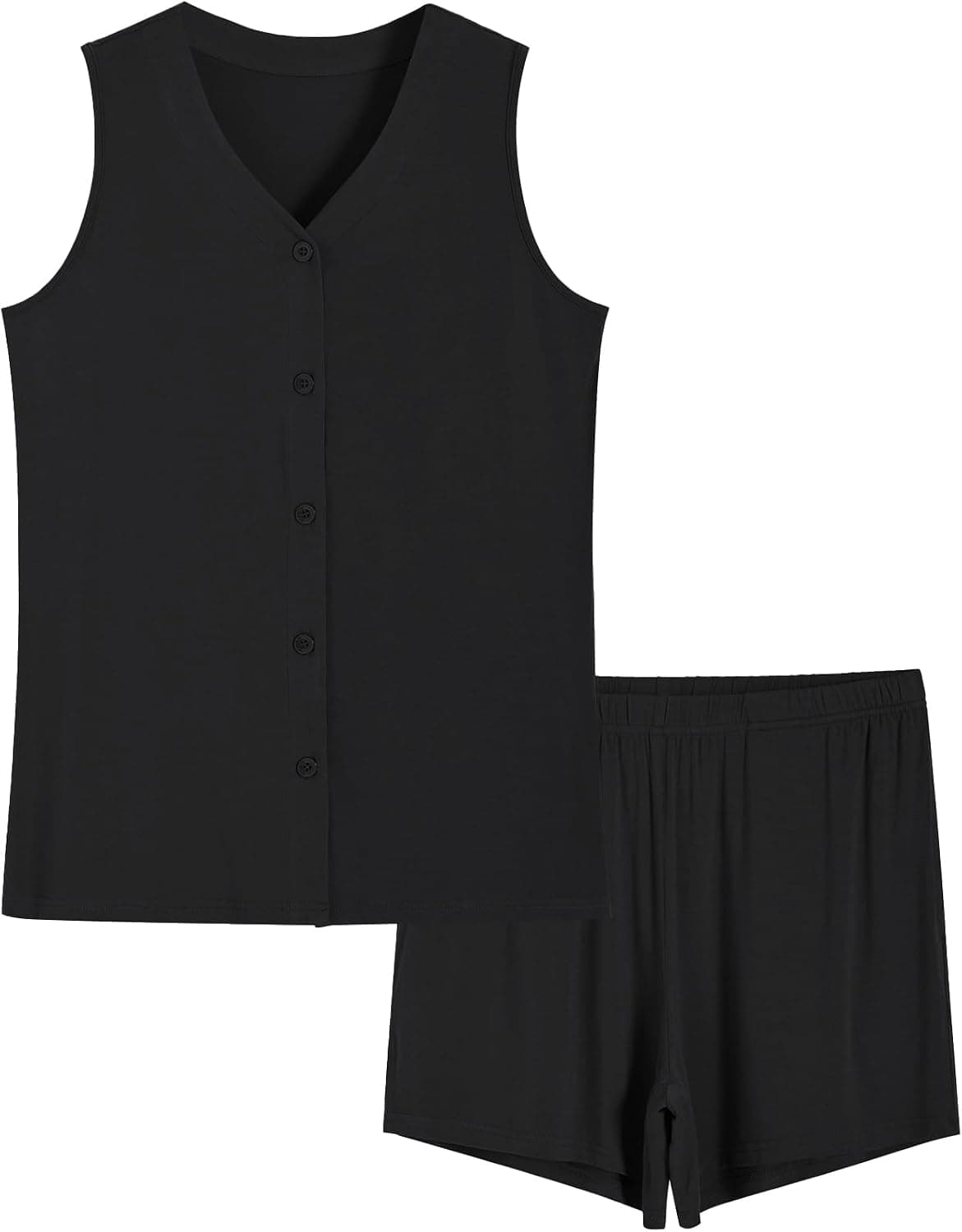 Latuza Women's Bamboo Viscose Button Up Pajama Tank Top and Shorts Lounge Set (Black)