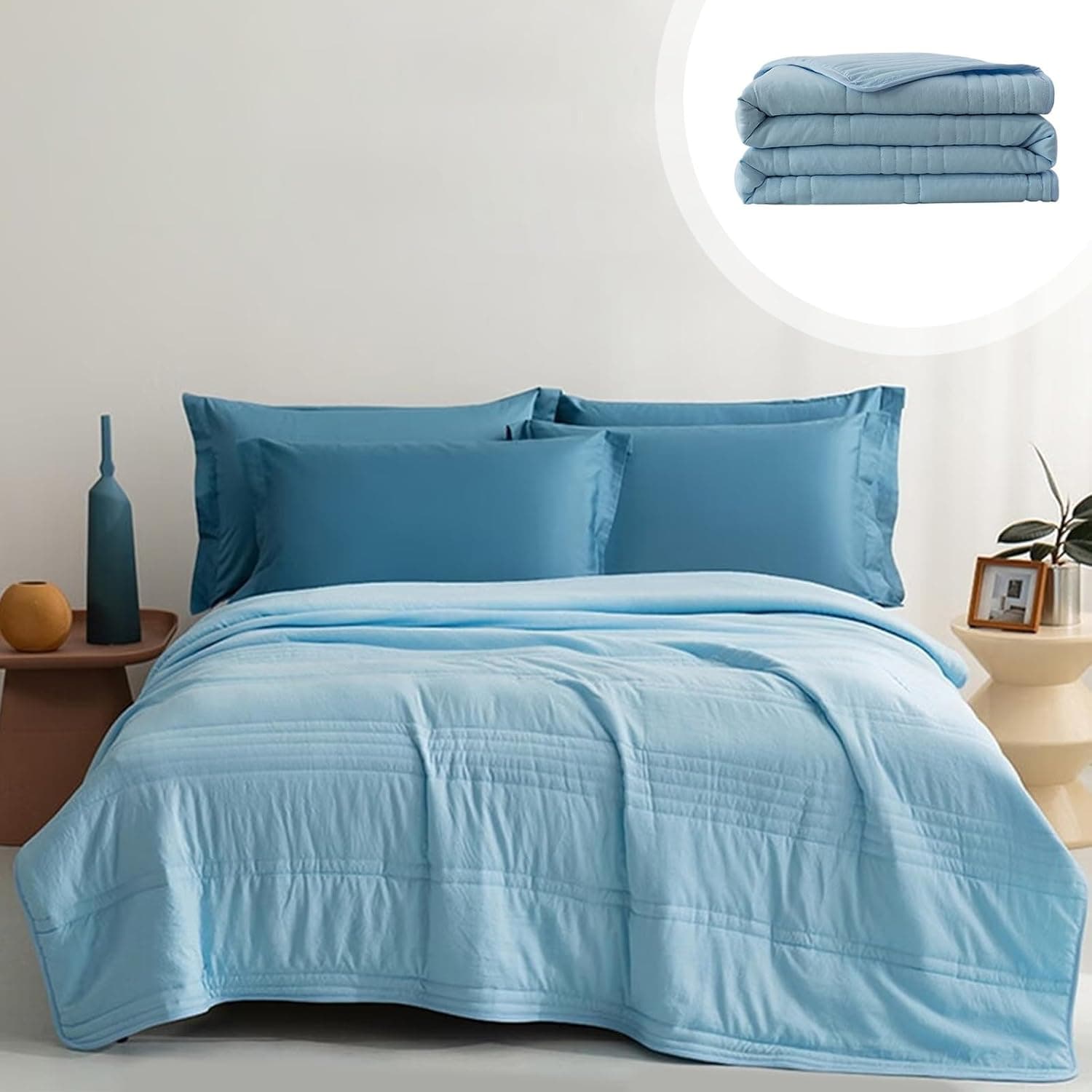Breathable Summer Weight Quilt - Washed Cotton Lightweight Bedspread, All-Season Thin Cooling Blanket for Adults & Kids (Machine Washable, Solid Color Design, 100x150cm)