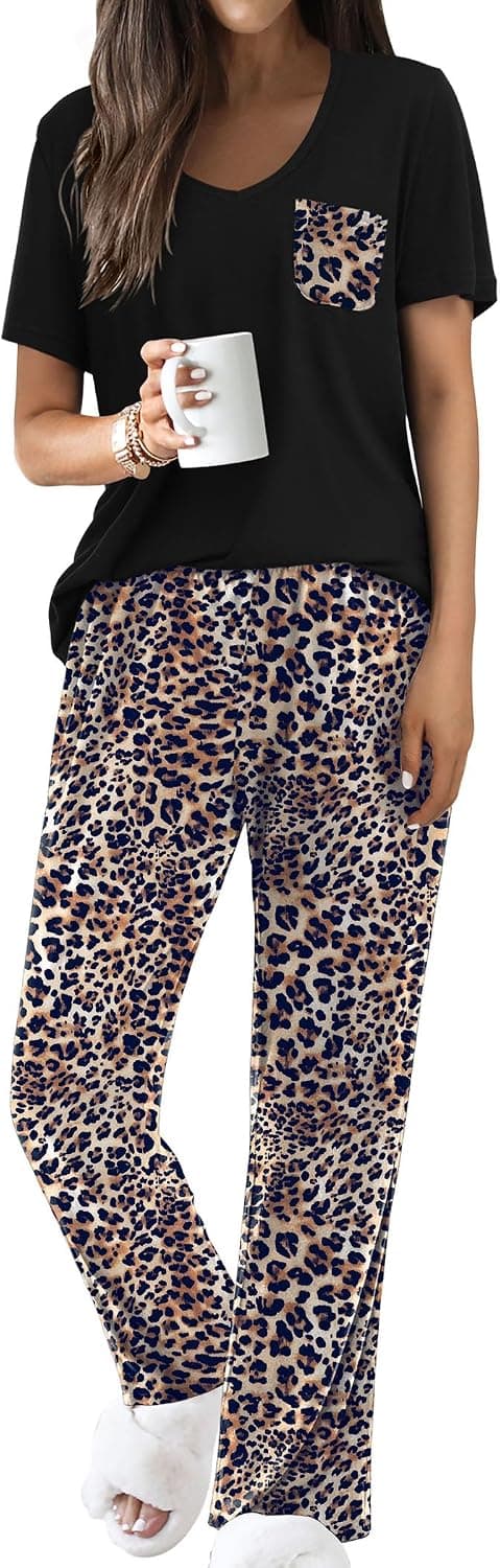 Ekouaer Pajama Sets for Women 2 Piece Short Sleeve V Neck, Moisture-Wicking with Printed Long Pants