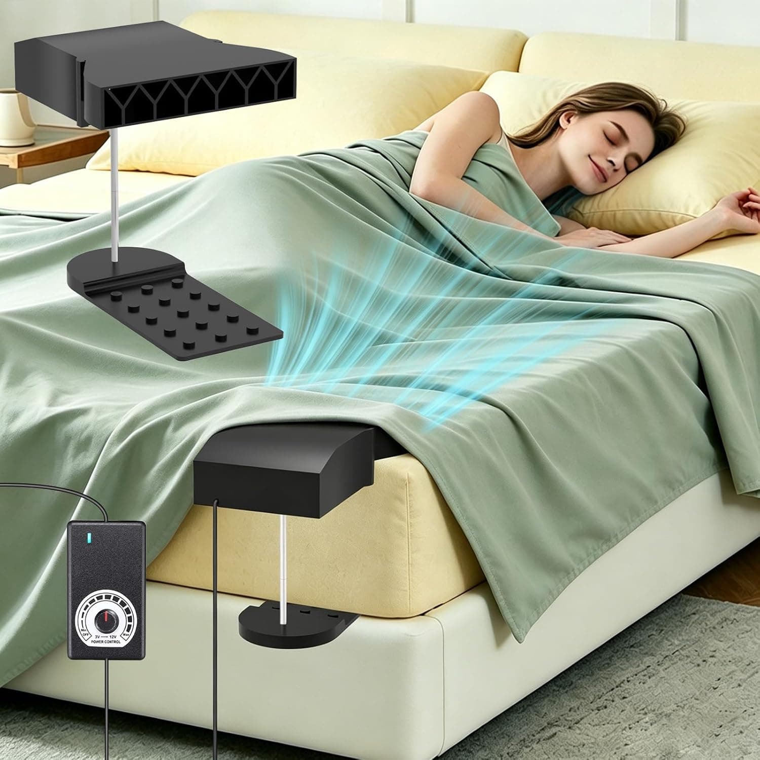 Under Sheet Bed Cooling System with Adjustable Fan Speed, Night Sweat Relief Fan, Fits All Mattress Heights (Black)