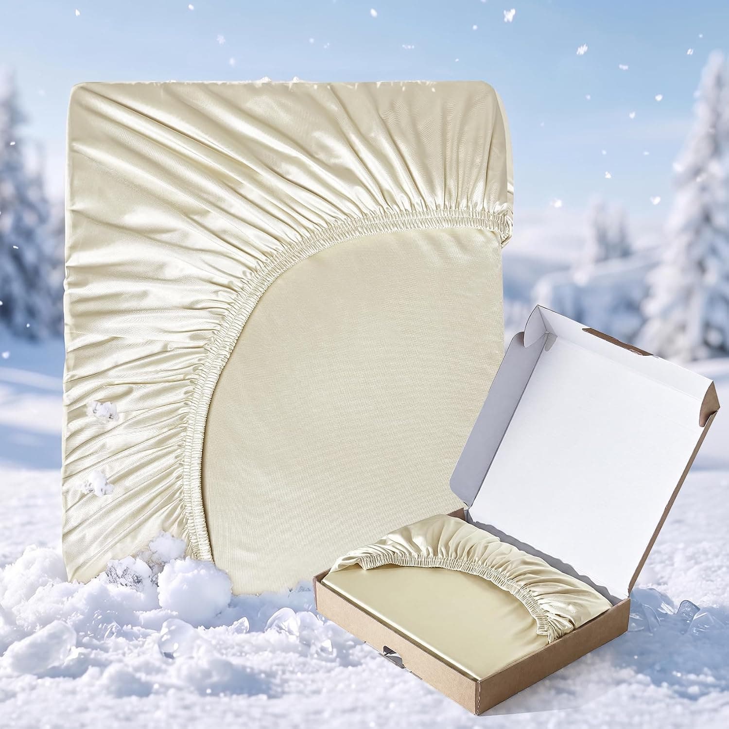 Cooling Fitted Sheet Queen Size for Hot Sleepers, Deep Pocket Up to 16", Cool Fitted Sheets Only, Q-Max 0.4 Cool Touch, 360 Elastic Band, Silky-soft Cooling Bedding, Ivory