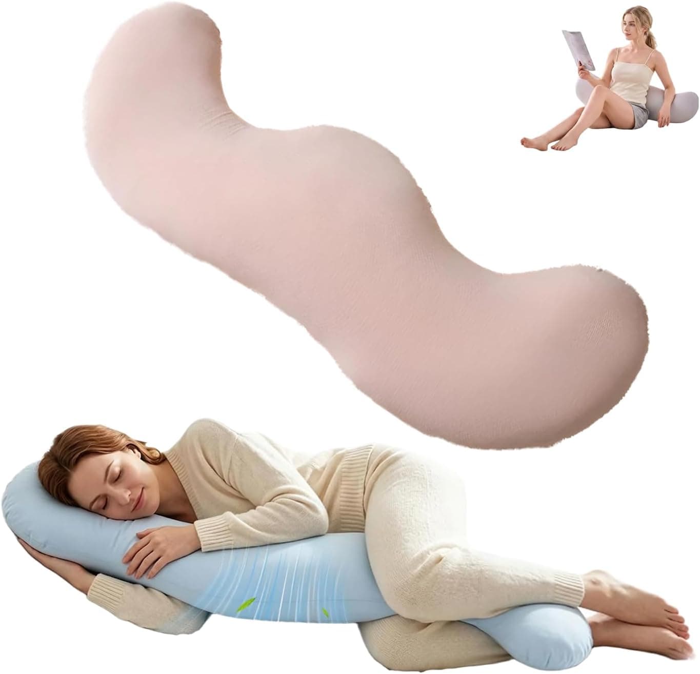 Pea Pod Body Pillow for Side Sleepers, S-Shaped Cooling Full Body Pillow, Long Bolster Hug Pillow for Hip, Knee, Back & Leg Support, Washable Cover (Pink, 43.31 inches)