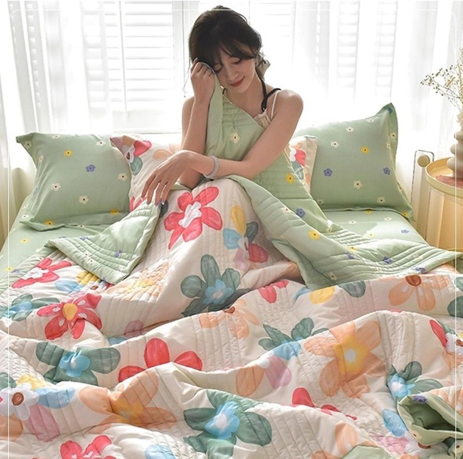 Cooling Cotton Quilt Summer Throw Ultra Light Breathable Muslin Blanket Hot Sleepers Soft Reversible Bedspread Couch Travel All Season Washable Twin Full Queen King