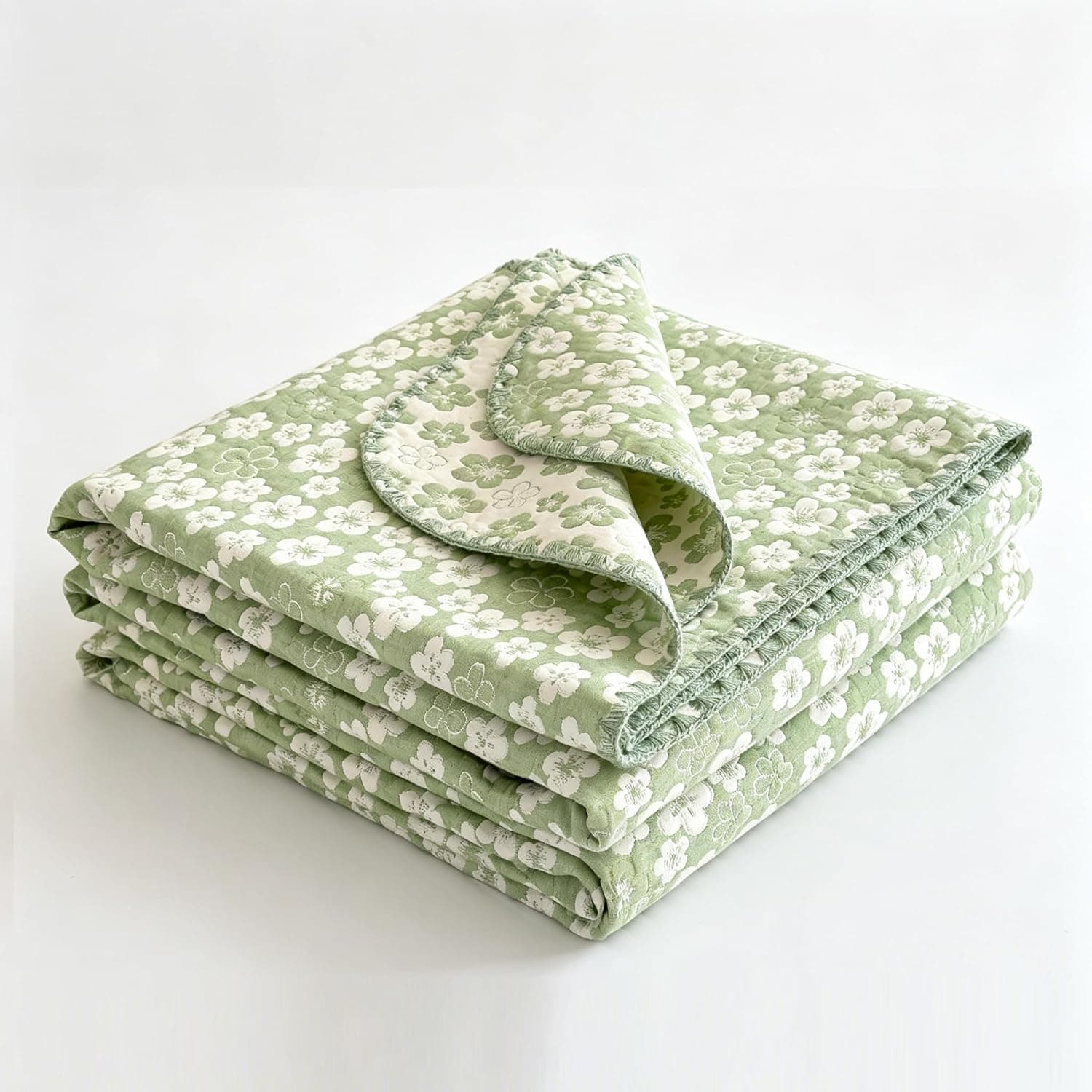 Queen Size Muslin Blanket 100% Cotton 4 Layer Gauze Bed Blanket, Reversible Floral Matcha Green Blanket for Adults, Lightweight Soft Breathable Cooling Summer All Season Coverlet for Queen
