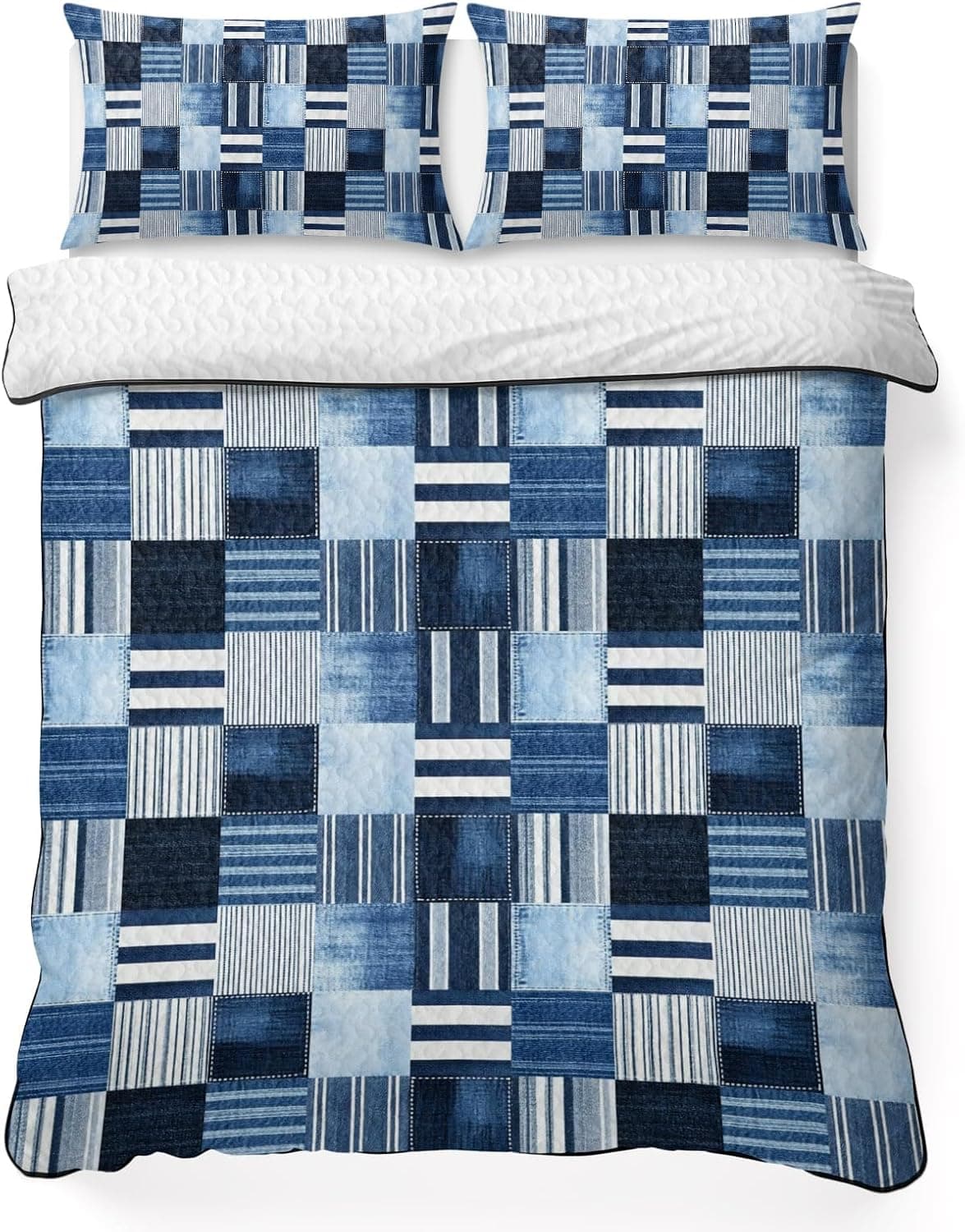 King Quilt Bedding Set Blue Stripe Plaid Gingham Check Lightweight Summer Quilted Coverlet for Hot Sleepers, Abstract Geometric Breathable Soft Cooling Blanket with 2 Pillow Shams for All Season