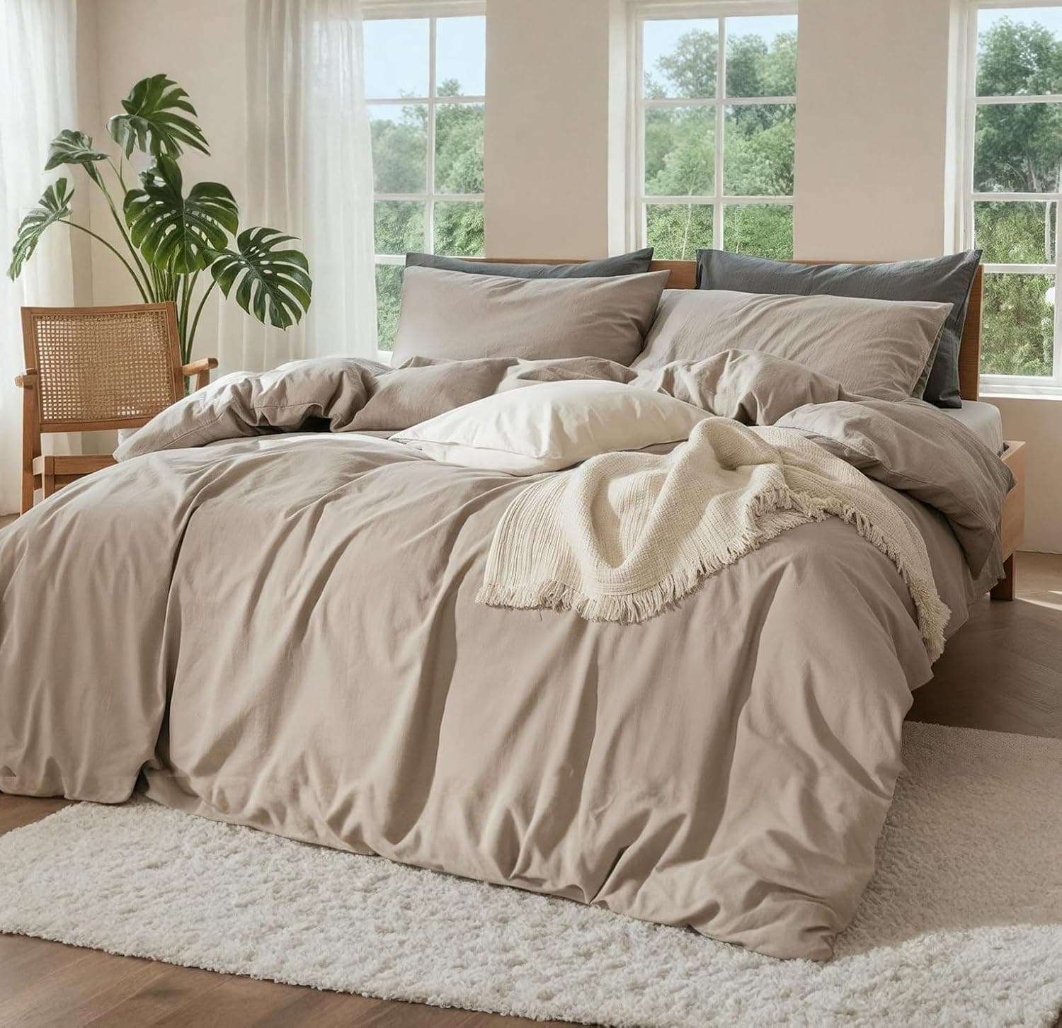 OURJOY 100% Pure Linen 4 Piece Sheet Set, Cooling Flax, King, Natural Linen