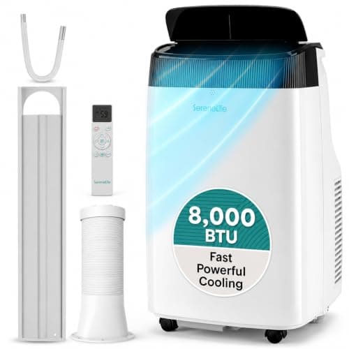 SereneLife Portable Air Conditioner, Dehumidifier & Fan | Dual Motor 3-in-1 8,000 BTU AC with 64°F-90°F Temperature Range, Cools Up to 350 Sq Ft, 3 Fan Speeds, Remote Control & Window Kit, White