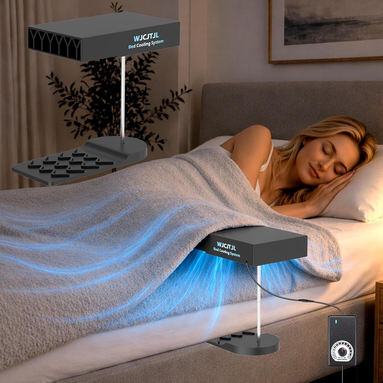 Bed Fan Under Sheets, Bed Cooling System with Adjustable Fan Speed (Black), for Night Sweats, Fits All Mattress Heights