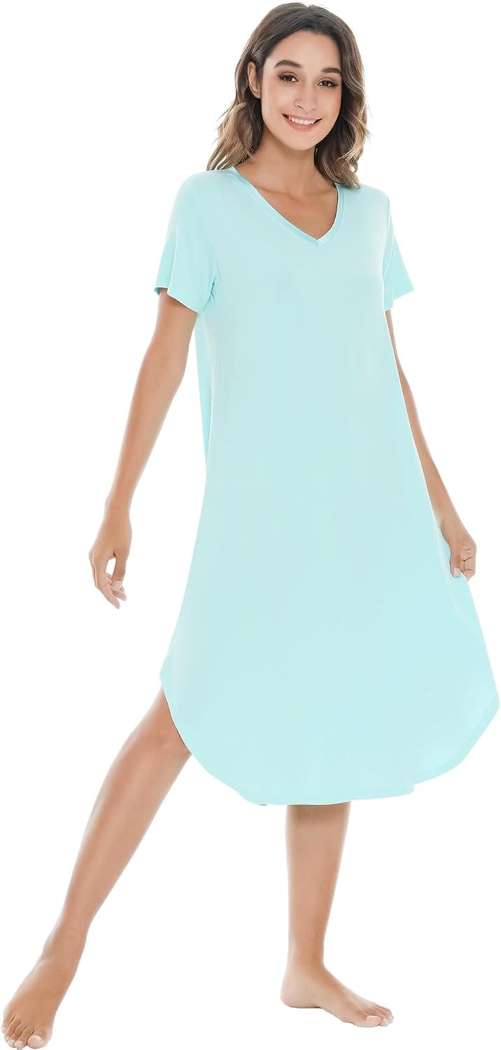 NACHILA Nightgowns for Women Viscose Made from Bamboo V Neck Short Sleeve Cool Nightshirt